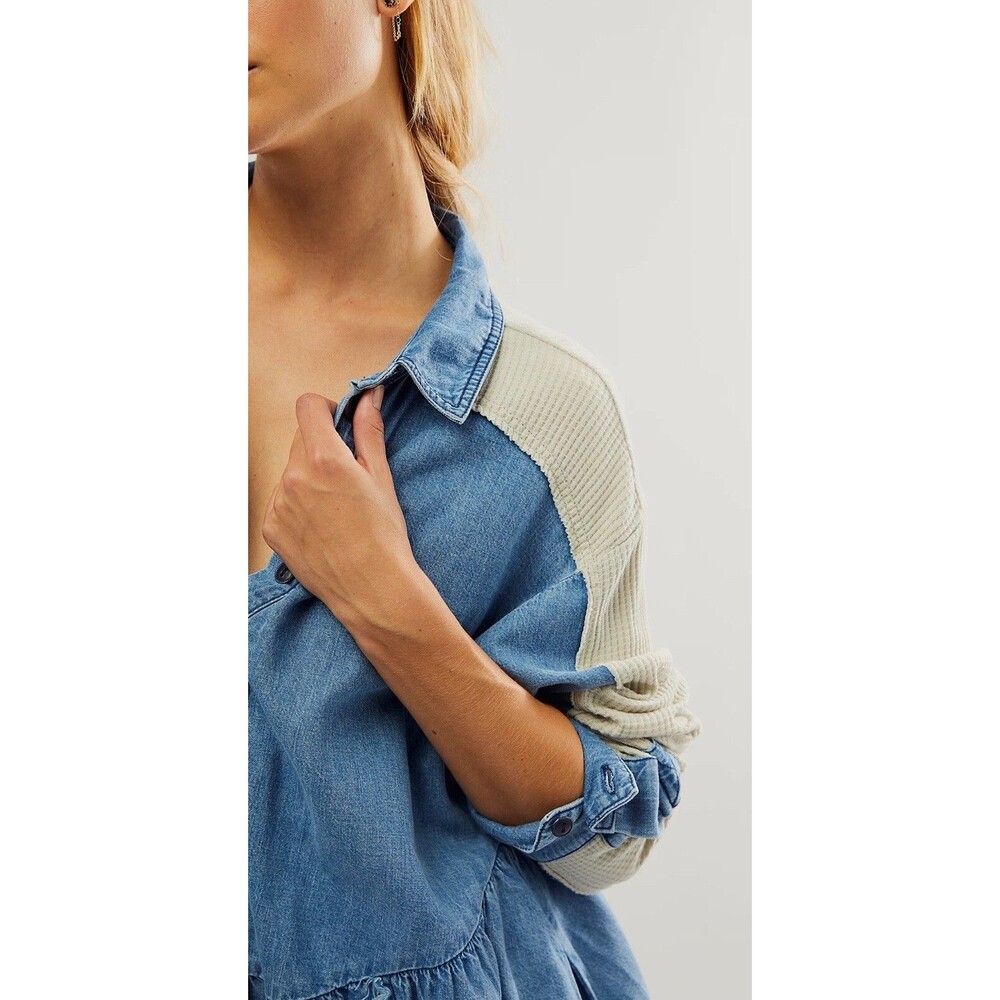 Free People Mini Tunic Dress Women Boho Blue Kenny Denim Vacay Pocket Sz S NWT - Picture 4 of 14